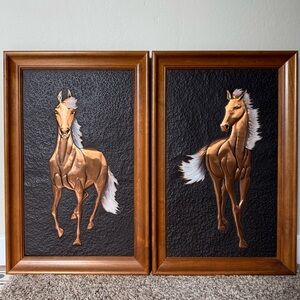 Vintage Mid-century Modern Horse Coppercraft Framed Wall Art Set by R. Dehl